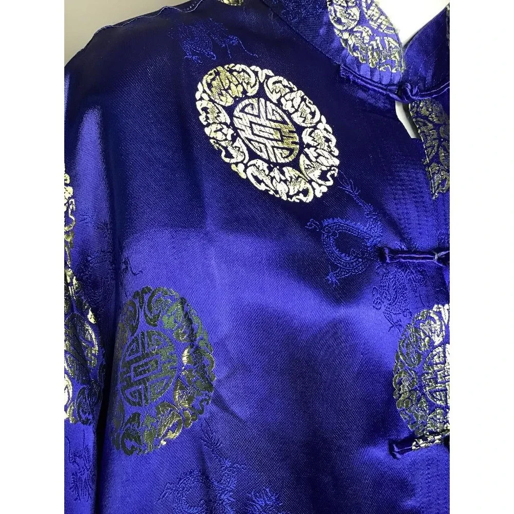 Mens Chinese Traditional Royal Blue Gold Silk Satin Tang‎ Suit Jacket Size XXL